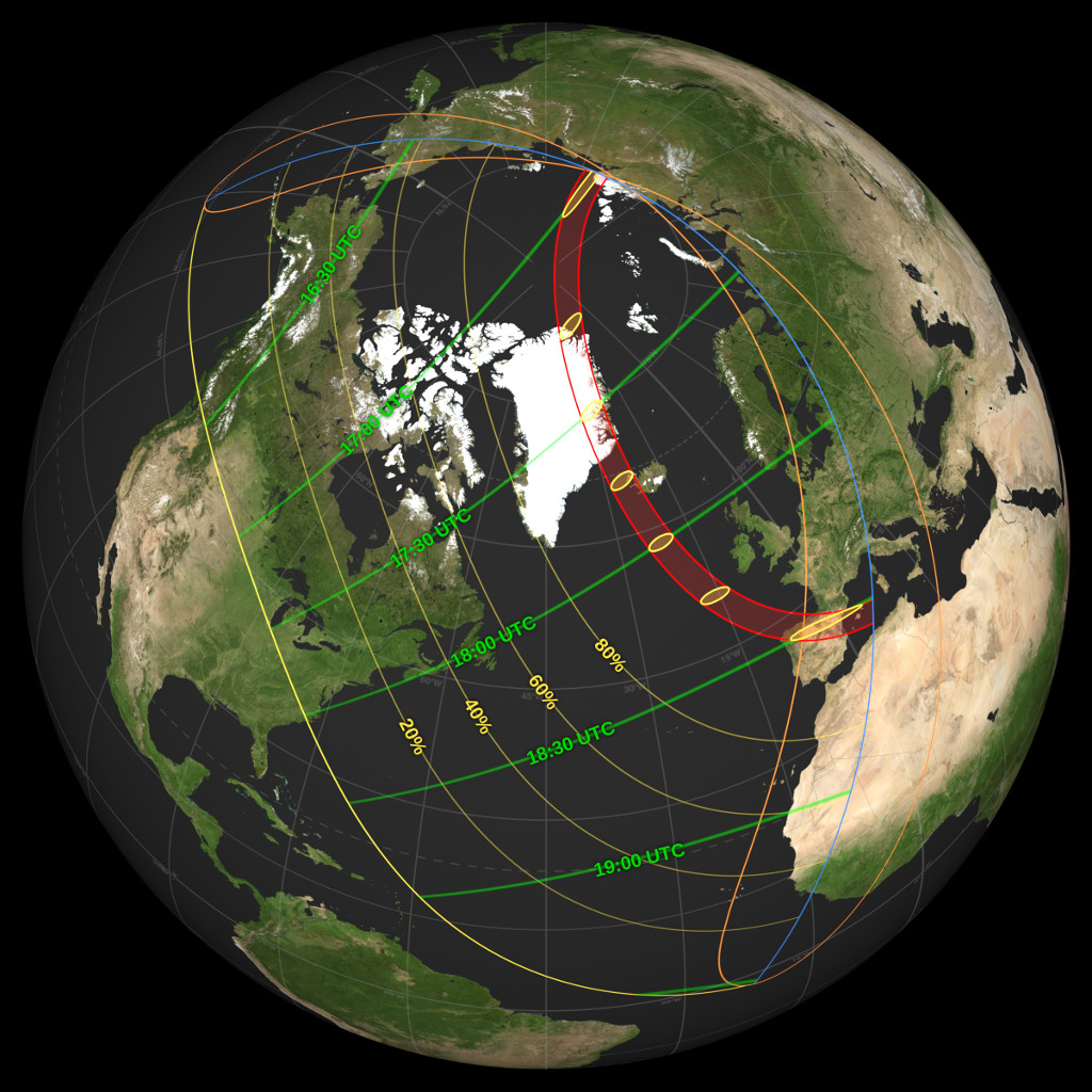 NASA map of the August 12, 2026 total solar eclipse: the path of totality crosses Greenland, Iceland, and Spain, with partial-eclipse contours over Europe, Africa, and North America